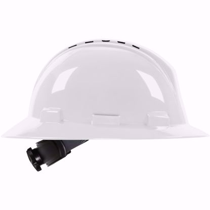 Picture of PIP  LOGO Vented, White Full Brim Hard Hat with HDPE Shell, 4-Point Textile Suspension and Wheel Ratchet Adjustment, PER EACH