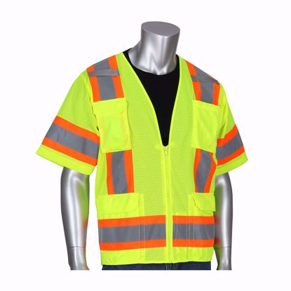 Picture of PIP® ANSI Type R Class 3 Two-Tone Eleven Pocket LOGO Mesh Surveyors Vest, CHOOSE SIZE AND LOGO, PER EACH